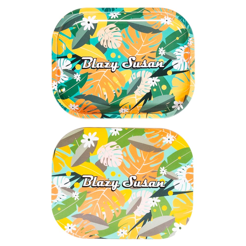 Top-down view of two matching floral-printed Blazy Susan Metal Rolling Tray pieces, one lid above the tray, in bright yellow, green, and teal.