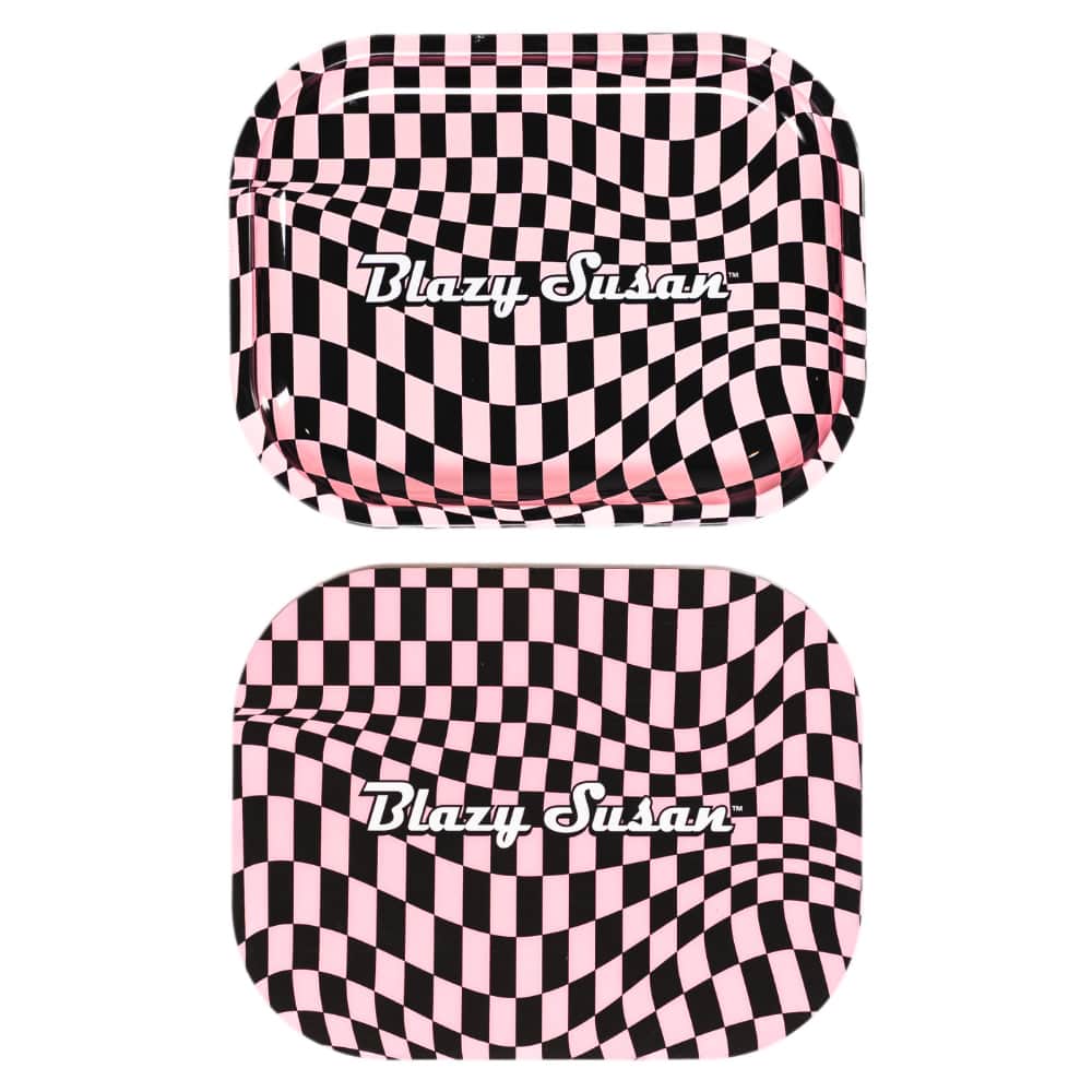 Top-down view of two Blazy Susan Metal Rolling Tray pieces featuring a wavy black-and-pink checkerboard pattern with the "Blazy Susan" logo centered.