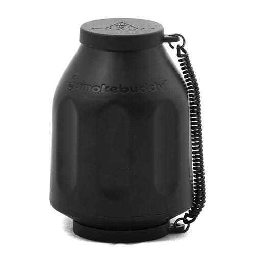 A slightly angled view of the black Smoke Buddy Personal Air Filter, featuring a looped tether and simple cylindrical shape.