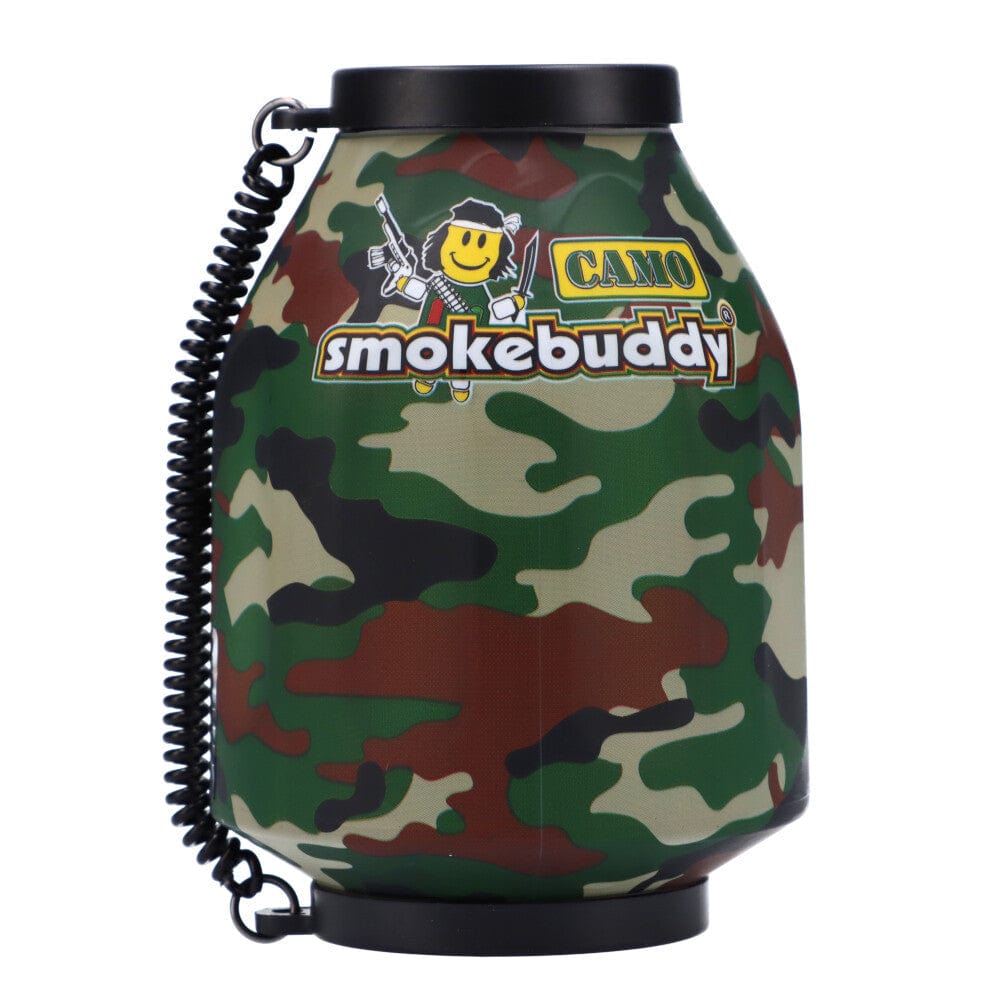 Front view of the Smoke Buddy Personal Air Filter, a black cylindrical device against a neutral gray background.