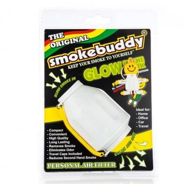 A brightly lit, angled close-up of the Smoke Buddy Personal Air Filter, showing its colorful packaging and graphic details.