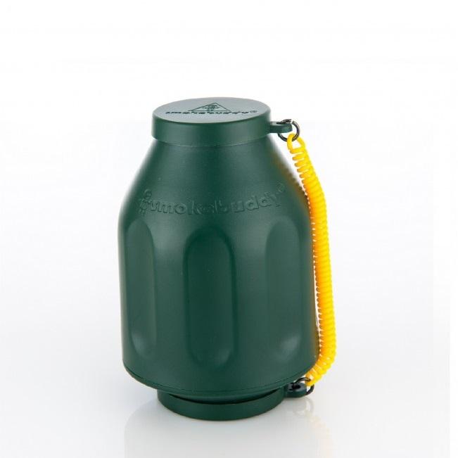 Front view of the Smoke Buddy Personal Air Filter, a green cylindrical device with a yellow pull cord extending from its side.