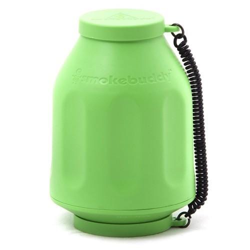 Front view of the Smoke Buddy Personal Air Filter, a green, cylindrical device with a black cord attached to the top.