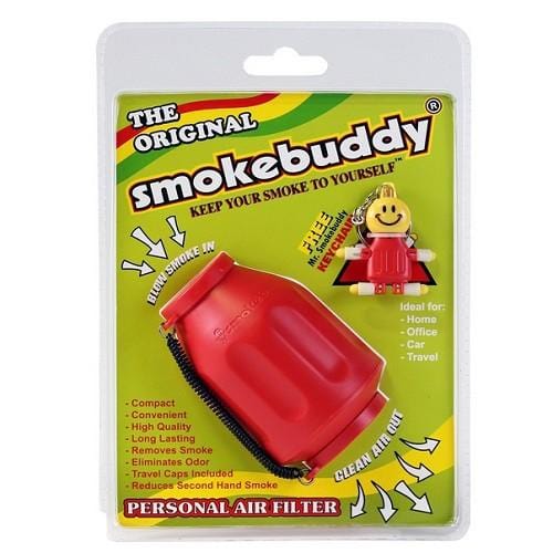 Front view of the Smoke Buddy Personal Air Filter, a red, portable device with text branding against a white background.