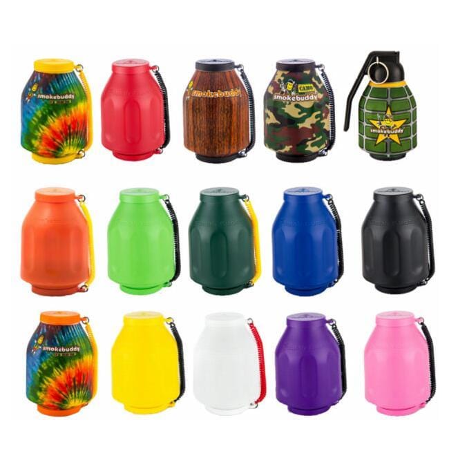 A colorful array of Smoke Buddy Personal Air Filters are displayed against a white backdrop, showcasing the cylindrical shape and varied designs.