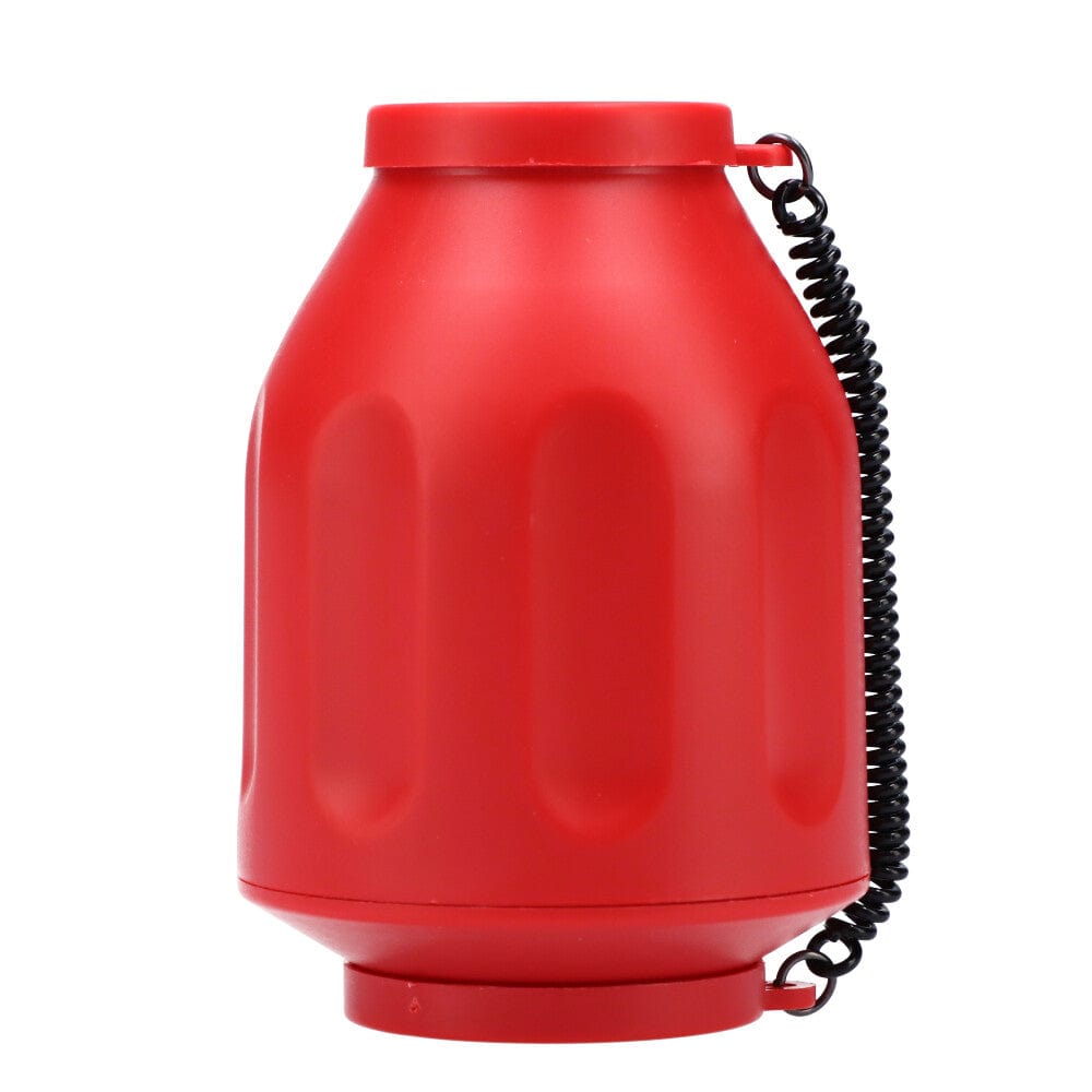 Front view of the Smoke Buddy Personal Air Filter, a red, cylindrical device with a black tether and a rounded top.