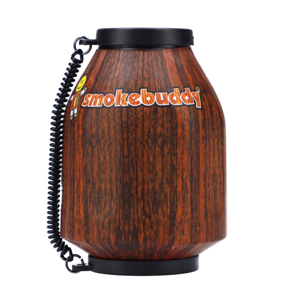 A front view of the Smoke Buddy Personal Air Filter, showcasing its rounded, brown plastic casing with a black base.