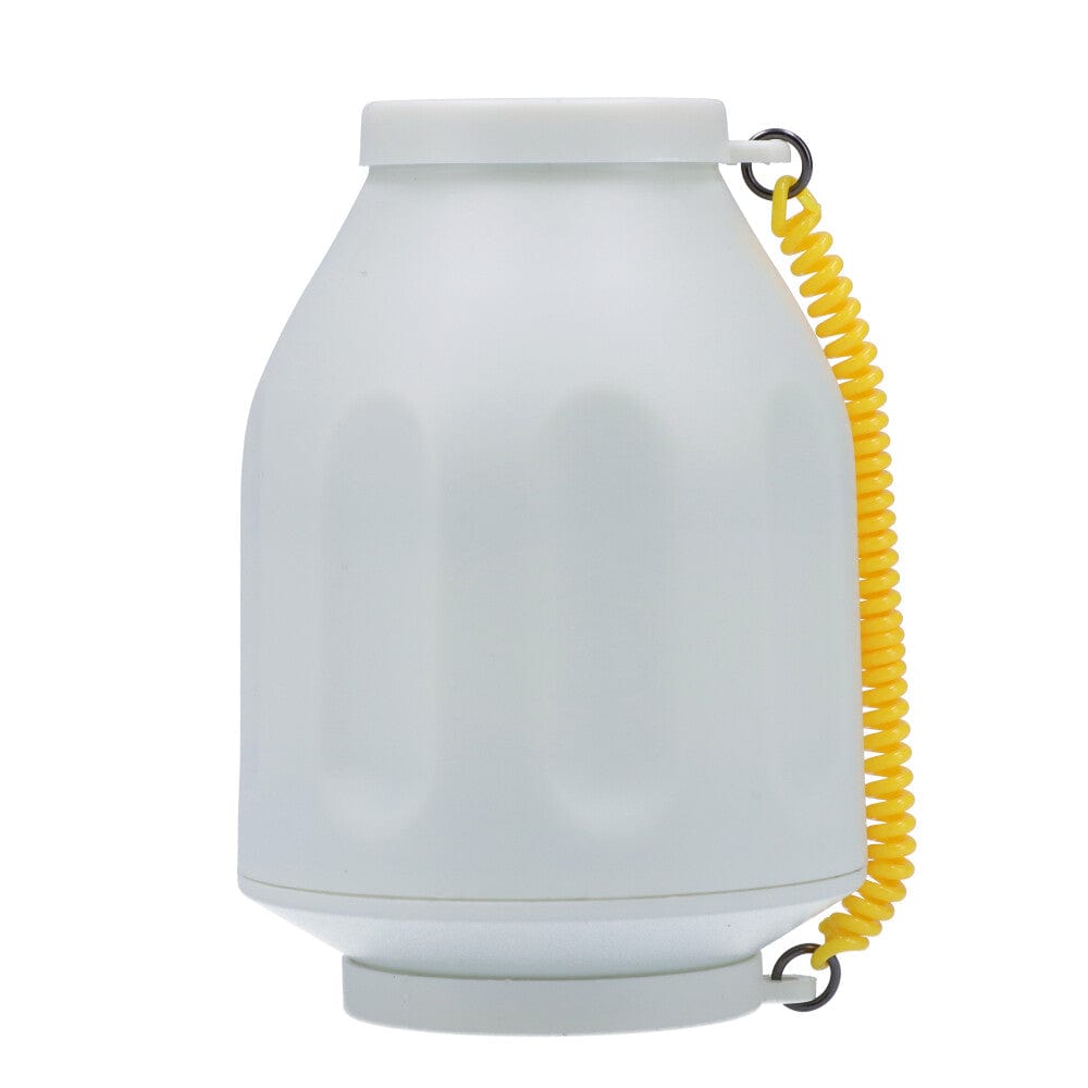 A front view of the Smoke Buddy Personal Air Filter, featuring a white, cylindrical shape with an orange lanyard.