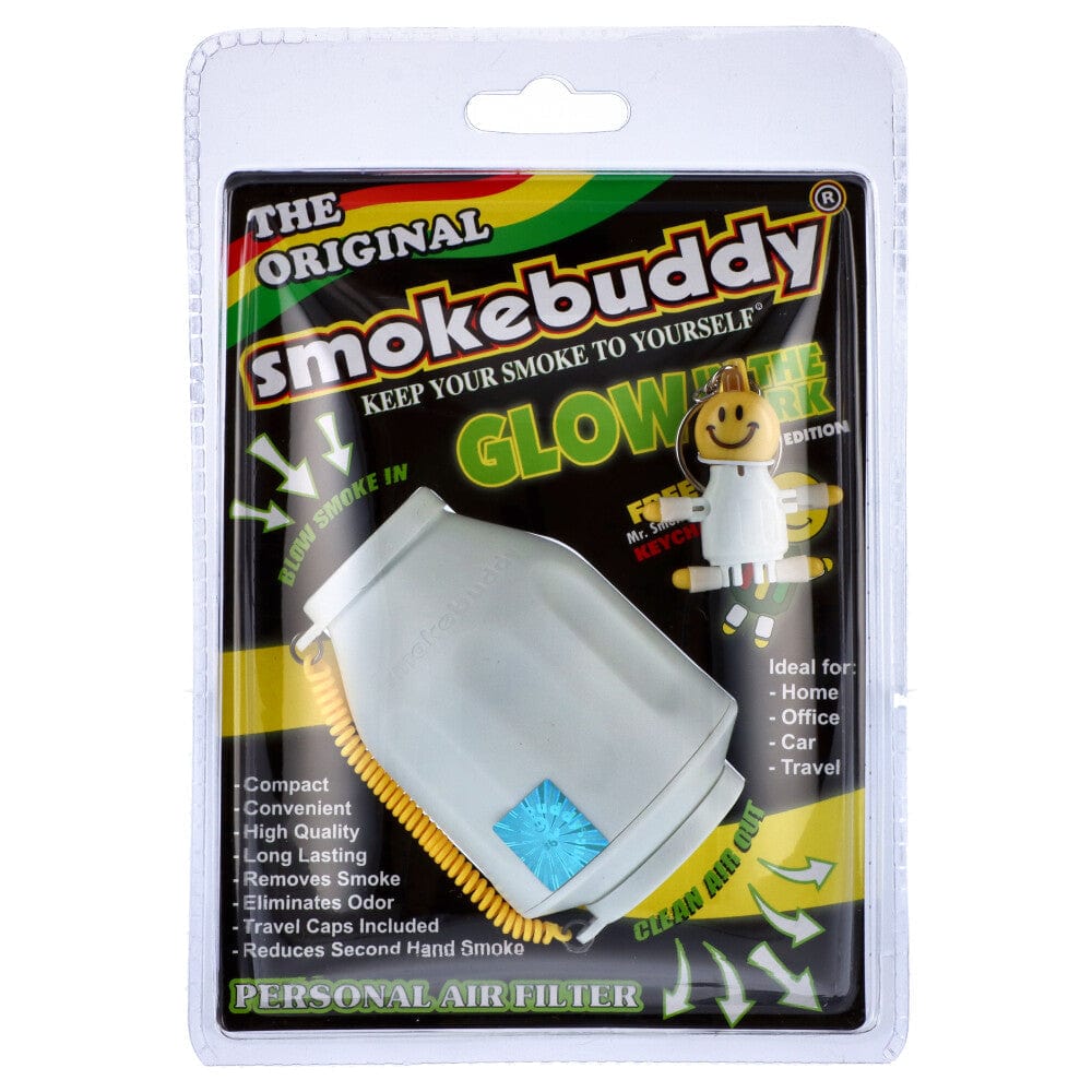 A close-up of the Smoke Buddy Personal Air Filter packaging, displaying vibrant graphics and text on a clear plastic case.