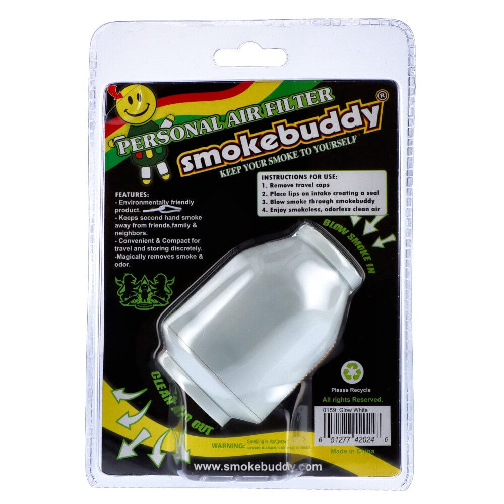 A front view of the Smoke Buddy Personal Air Filter with bold graphics and text detailing usage instructions, against a white background.