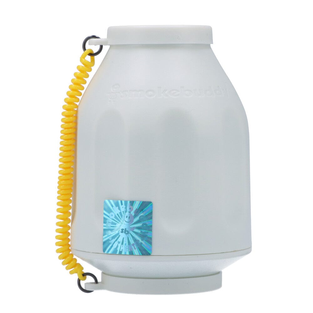 A front view of the Smoke Buddy Personal Air Filter, showing a white, cylindrical device with a looped strap.