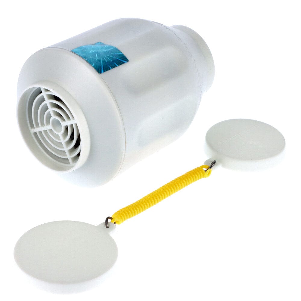 Front view of the Smoke Buddy Personal Air Filter, a white cylindrical device positioned above two reflective circular surfaces.