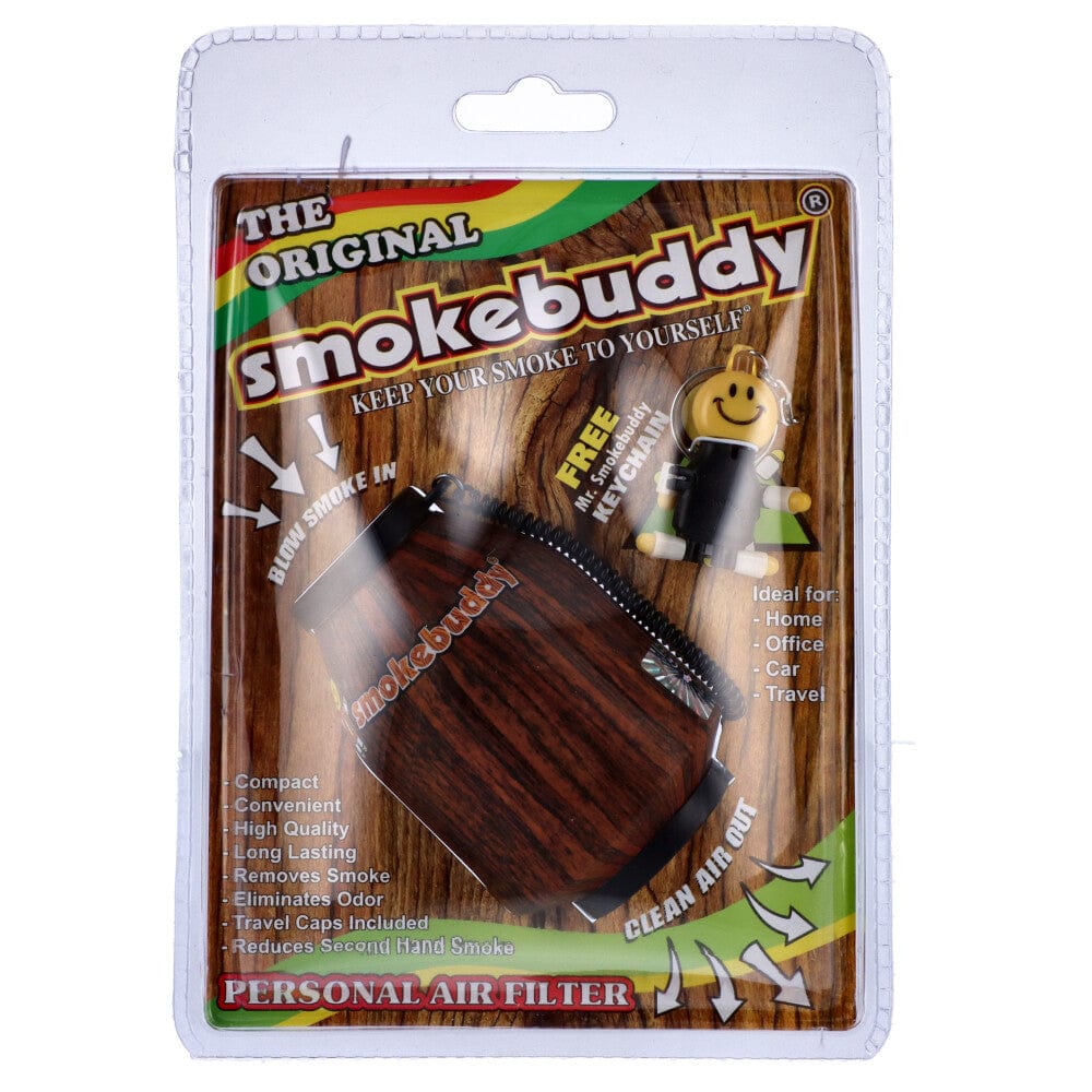 Front view of the Smoke Buddy Personal Air Filter with graphic text and a clear plastic casing.