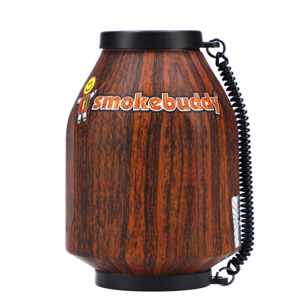 Front view of the Smoke Buddy Personal Air Filter, a cylindrical filter with a black base and a patterned, textured finish.