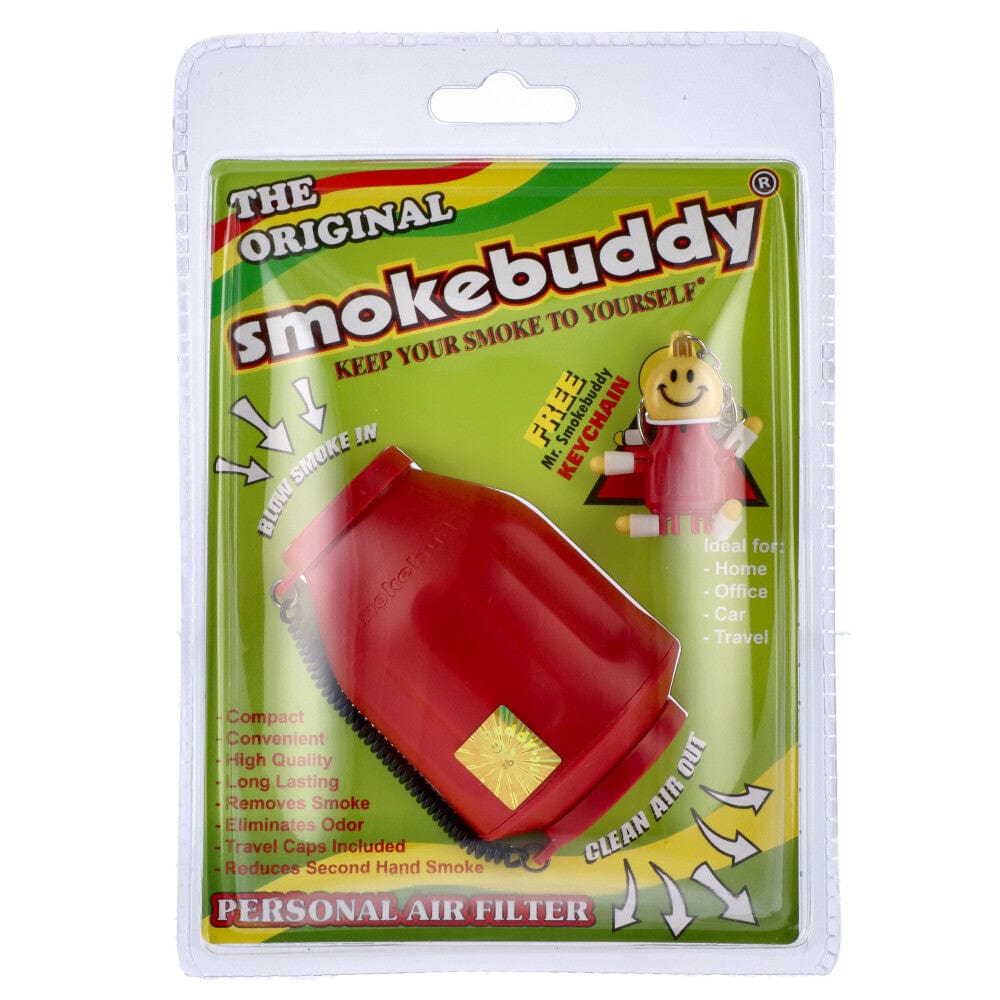 The Smoke Buddy Personal Air Filter is shown in a close-up, angled shot with text indicating airflow and branding details.