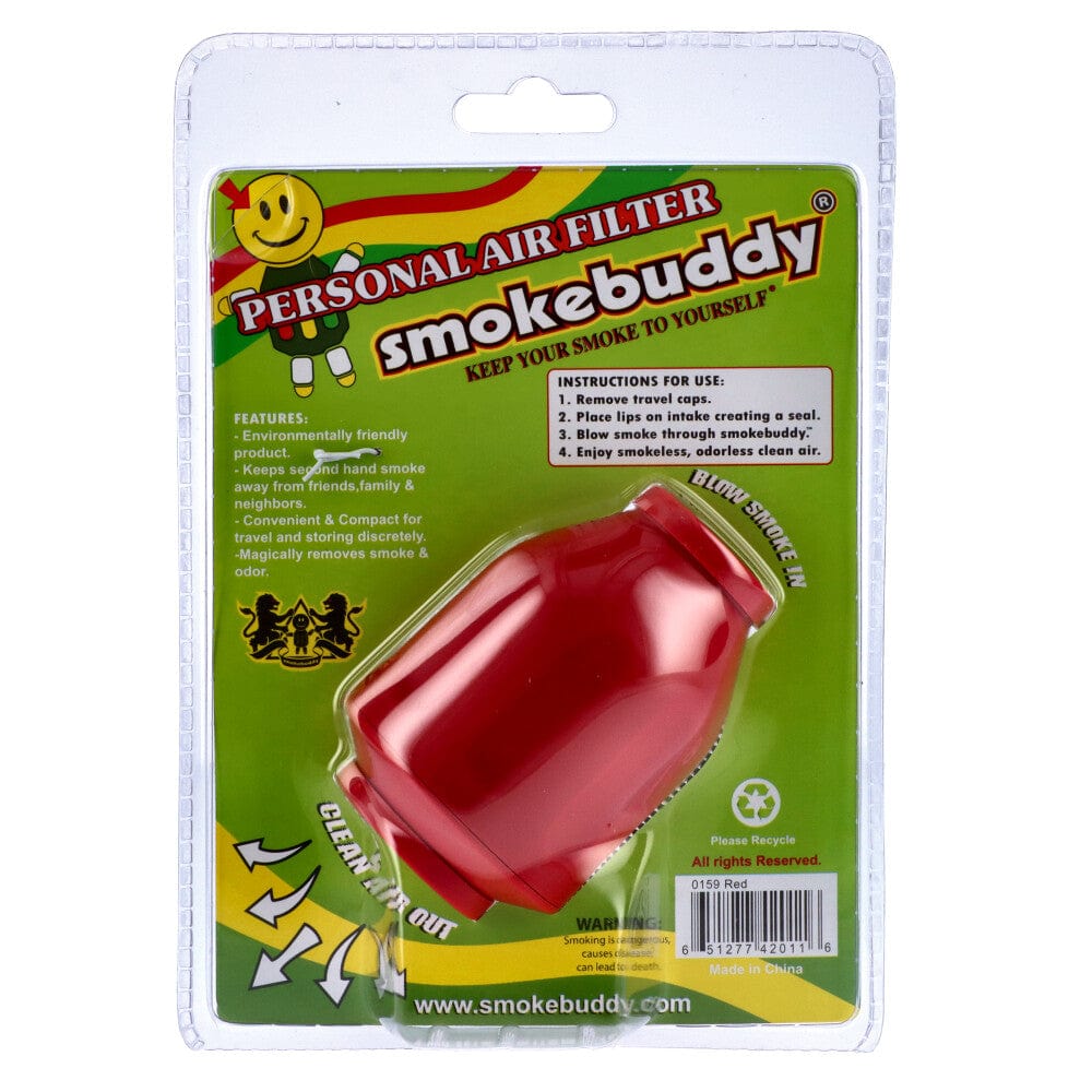 Front view of the Smoke Buddy Personal Air Filter in its packaging, displaying instructions and a colorful design.