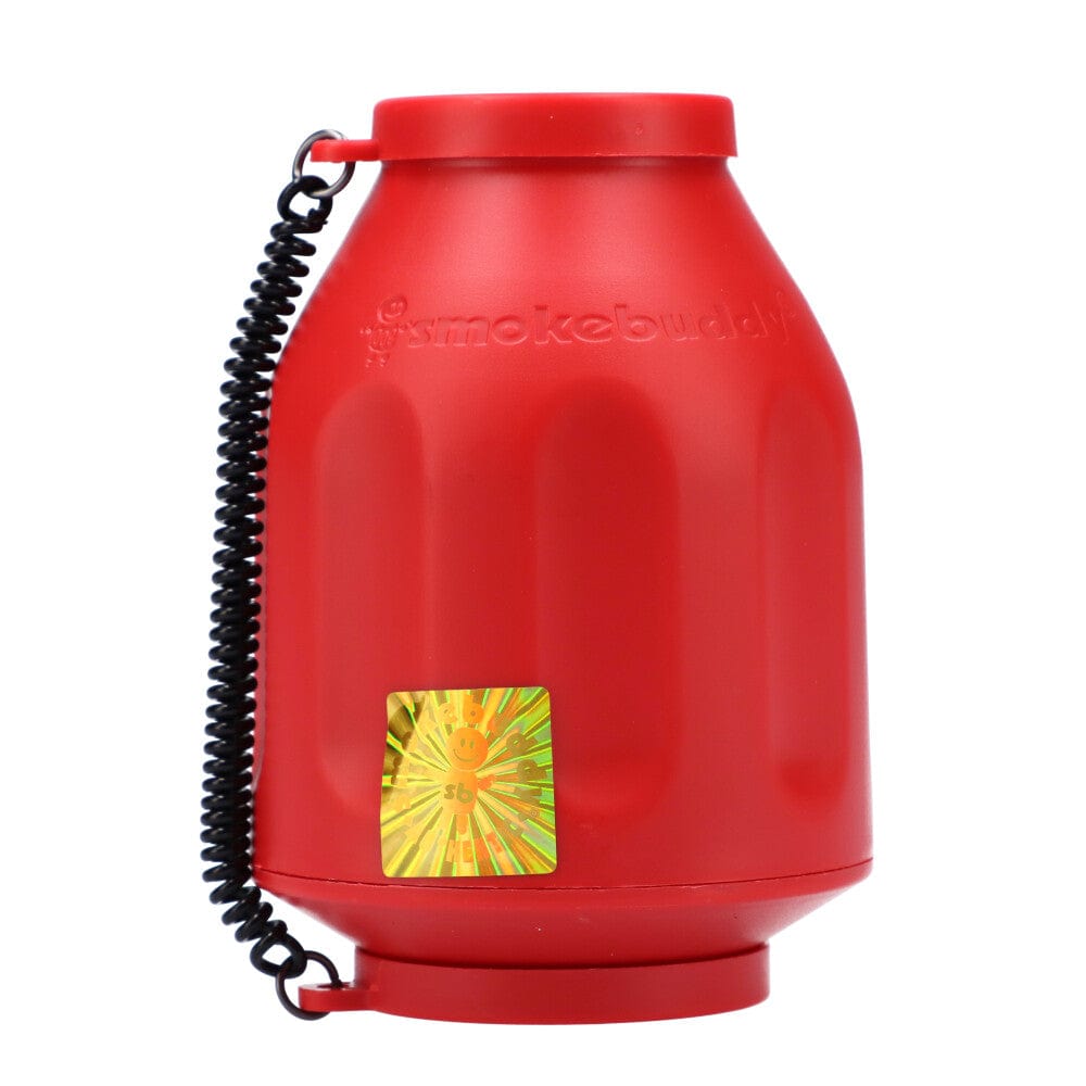 A front view of the Smoke Buddy Personal Air Filter, showcasing its cylindrical shape and black plastic casing with a looped handle.