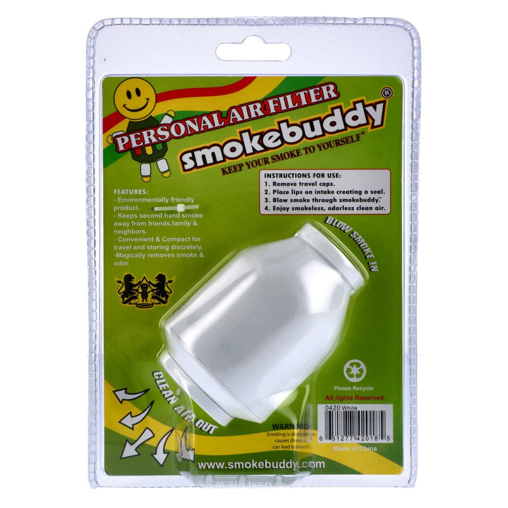 A close-up of the Smoke Buddy Personal Air Filter’s packaging, featuring instructions and a colorful design against a white background.
