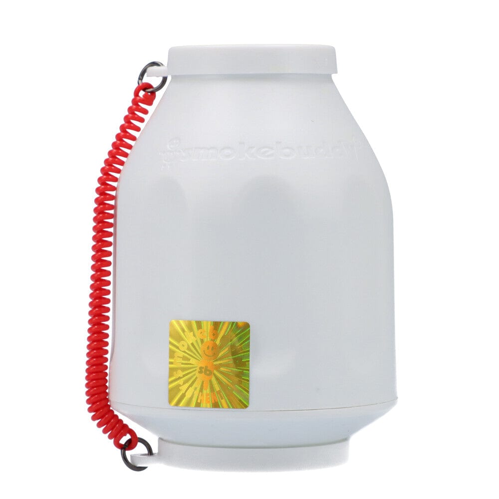 Front view of the Smoke Buddy Personal Air Filter with a red loop attached to its side, against a plain white backdrop.