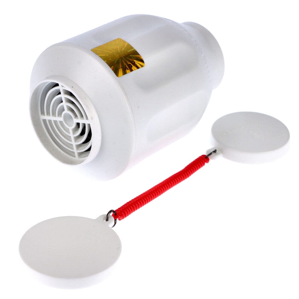 A slightly angled view of the Smoke Buddy Personal Air Filter, showcasing its circular design and white casing.