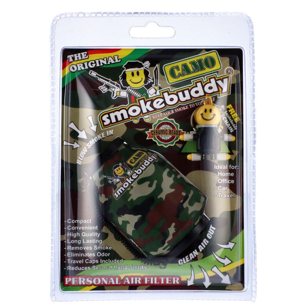 A front view of the Smoke Buddy Personal Air Filter in camouflage packaging with text highlighting its function.