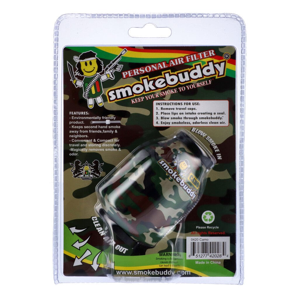 Front view of the Smoke Buddy Personal Air Filter in its packaging, displaying instructions and a camouflage pattern.