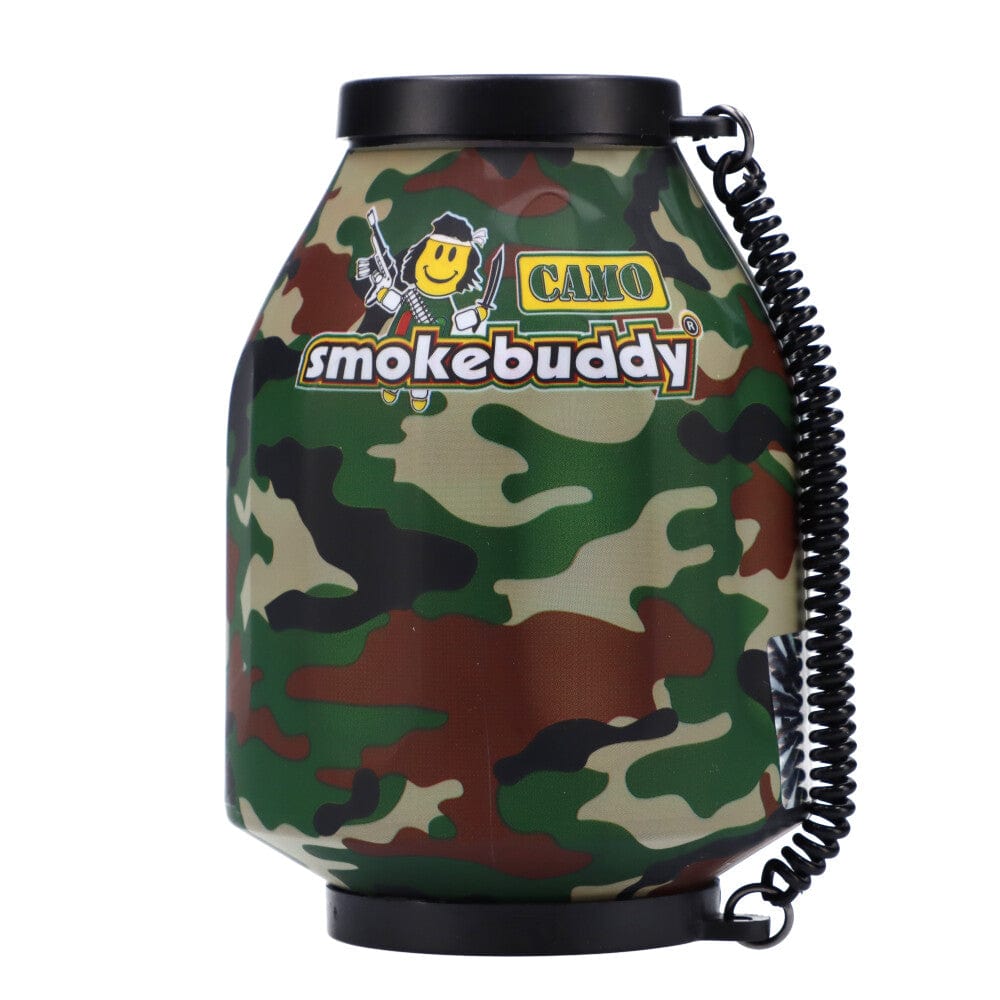 A front view of the Smoke Buddy Personal Air Filter, a cylindrical, translucent plastic filter against a plain white backdrop.