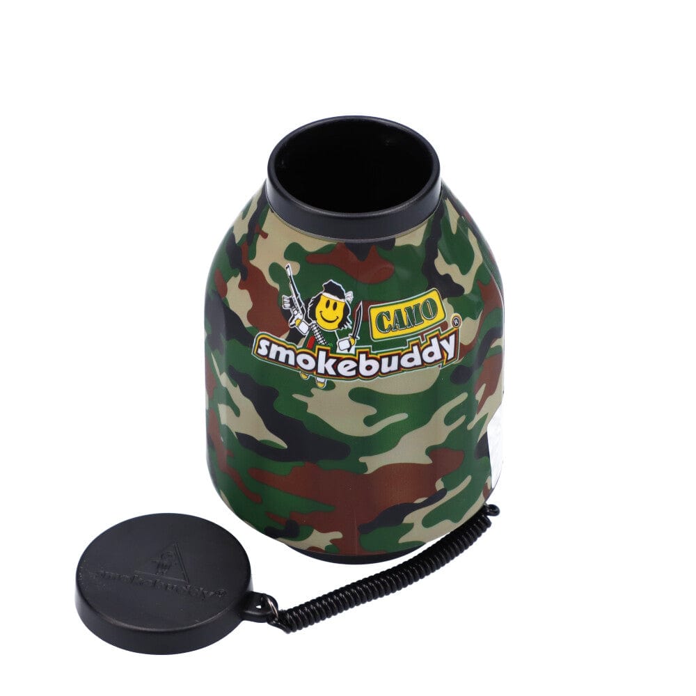 A close-up, angled view of the Smoke Buddy Personal Air Filter, showcasing its compact, cylindrical shape and black filter tip.