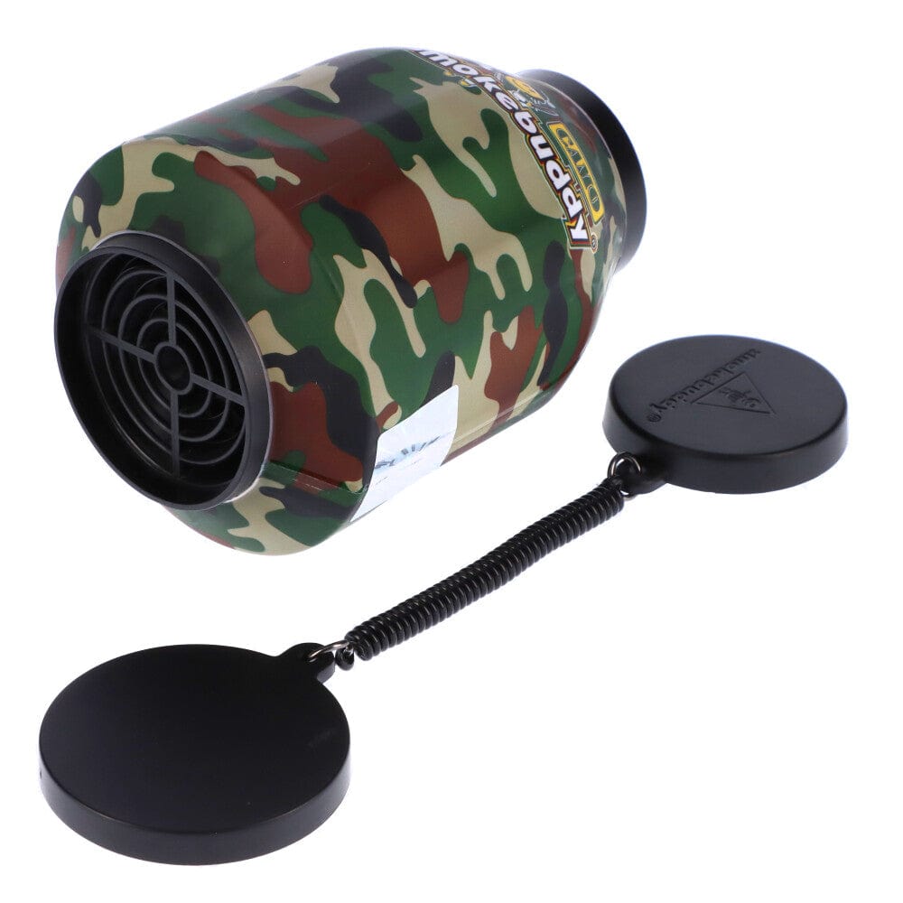 A close-up, angled view of the Smoke Buddy Personal Air Filter, showcasing its patterned exterior and cylindrical shape.