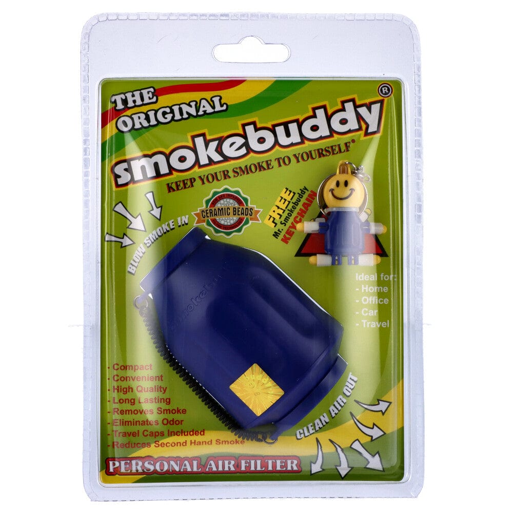 Front view of the Smoke Buddy Personal Air Filter with colorful graphics, angled against a white background.