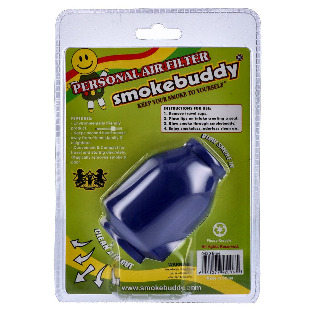 Front view of the Smoke Buddy Personal Air Filter, showing a blue plastic filter with text instructions and a website address.