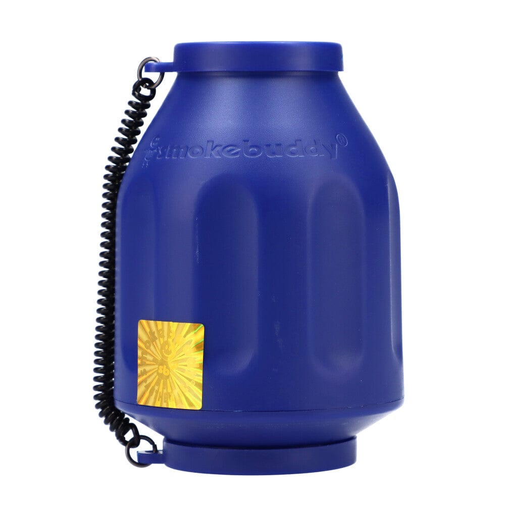 A front view of the Smoke Buddy Personal Air Filter, showcasing its sleek, portable design and black plastic casing.