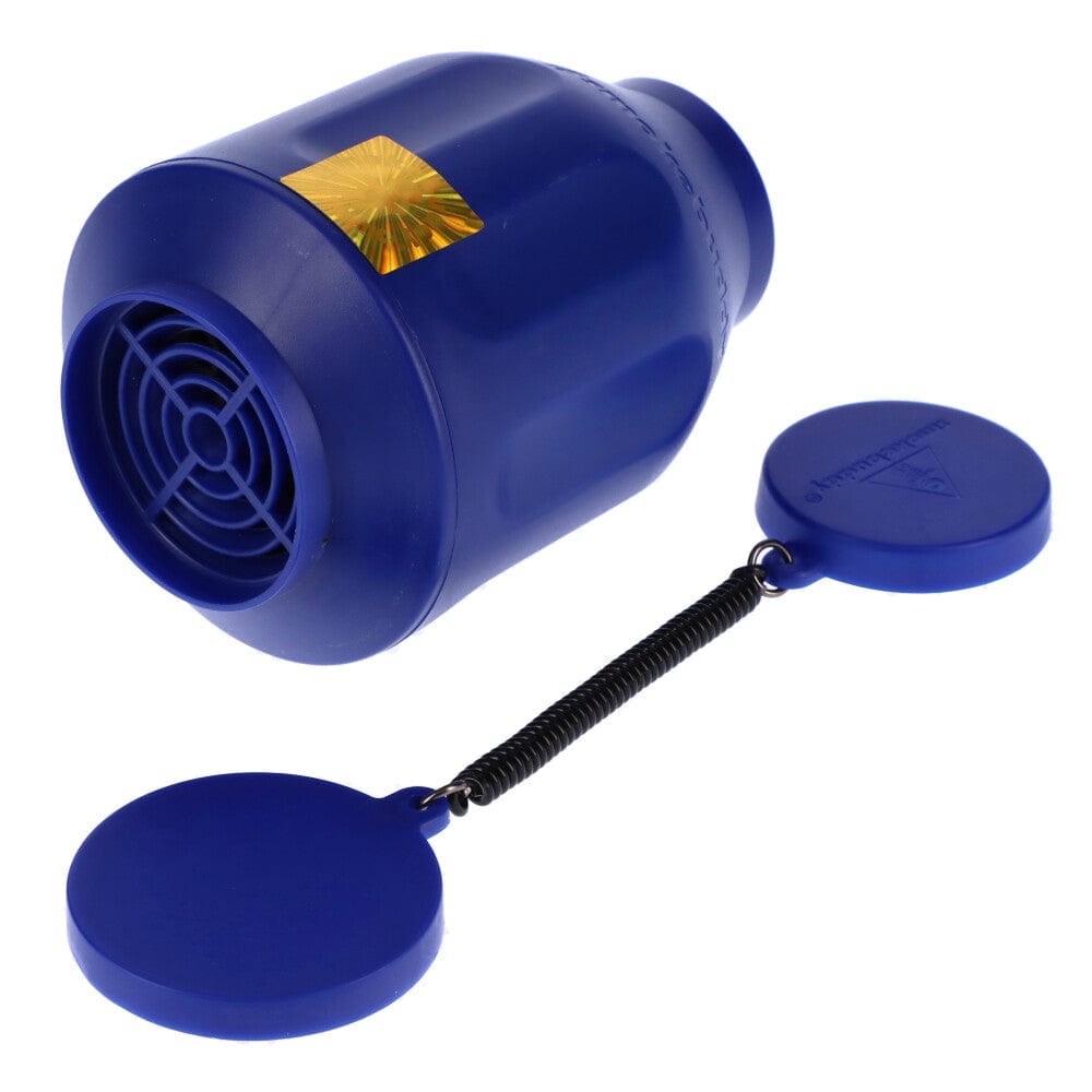 Front view of the Smoke Buddy Personal Air Filter, a blue, cylindrical device with a slight sheen, against a plain white backdrop.