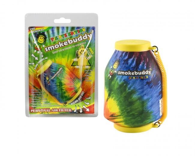 Front view of the Smoke Buddy Personal Air Filter, featuring a colorful, patterned design with text on a white background.