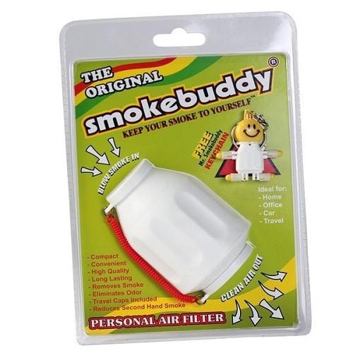 Front view of the Smoke Buddy Personal Air Filter in its clear plastic packaging with colorful text and graphics.