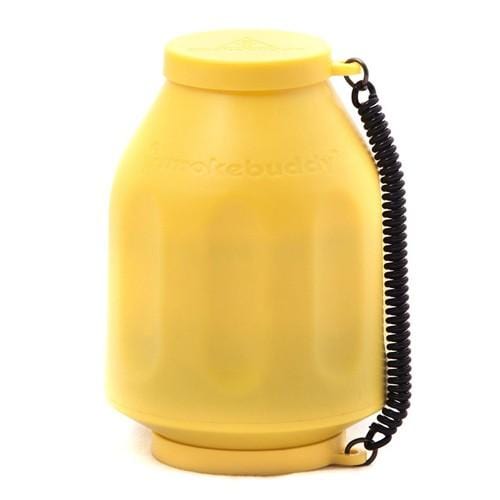 A front view of the yellow Smoke Buddy Personal Air Filter with a black loop attached to the top.