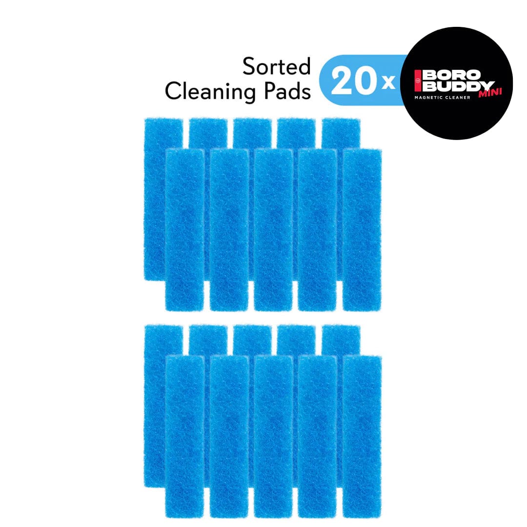 A top-down view of stacked BoroBuddy Mini Cleaning Pads arranged in a grid against a white background.
