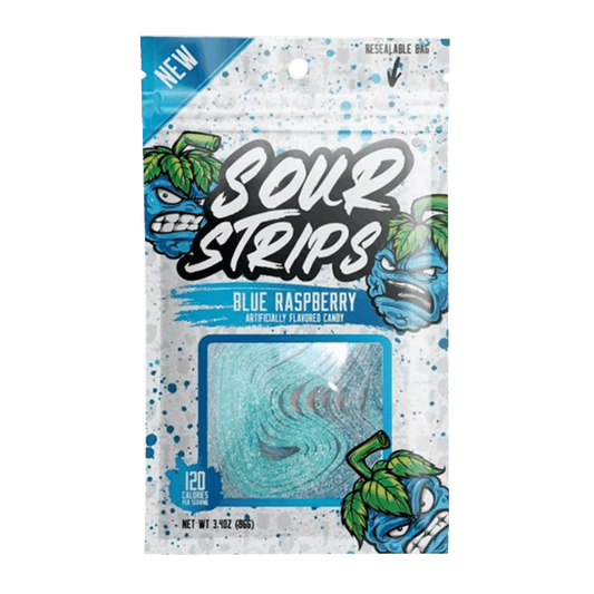 A close-up of Sour Strips - Blue Raspberry Candy Strips packaging with bold lettering and graphic elements on a dark background.