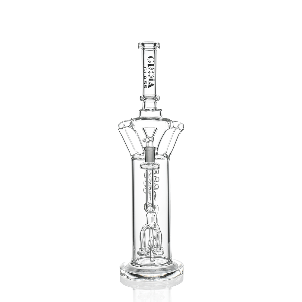 Center-front view of the Croia Glass 15" Scientific Glass Bong with Tree Perc & Spiral Cooling | Croia Glass showing its clear vertical tube, visible tree percolator and spiral cooling stem against a white background
