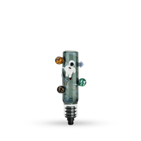 A close-up view of the Empire Glassworks Small Upstem, showing a clear glass piece with colorful accent details.