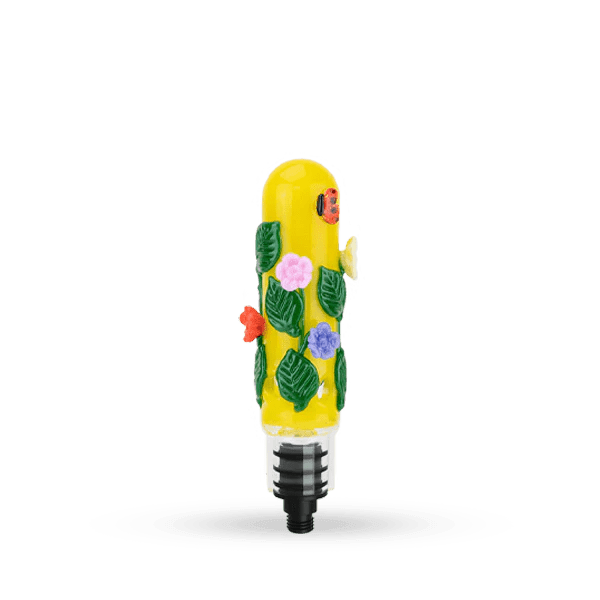A detailed close-up of the Empire Glassworks Small Upstem, showcasing colorful floral accents on a yellow glass stem.