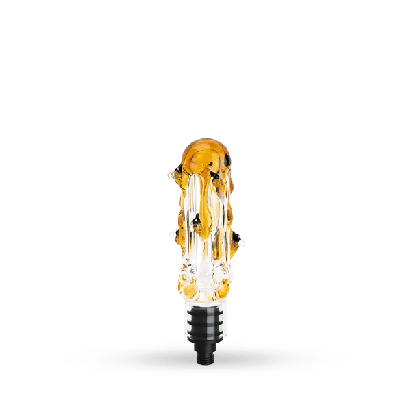 A close-up view of the Empire Glassworks Small Upstem, showing its clear glass construction and unique, curved design.