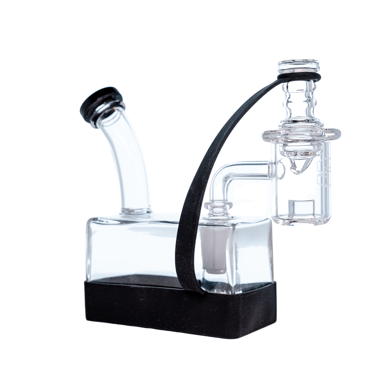 Front view of the RiO Tethered Silicone Sleeve, showing a clear glass piece with a black silicone wrap around the base.