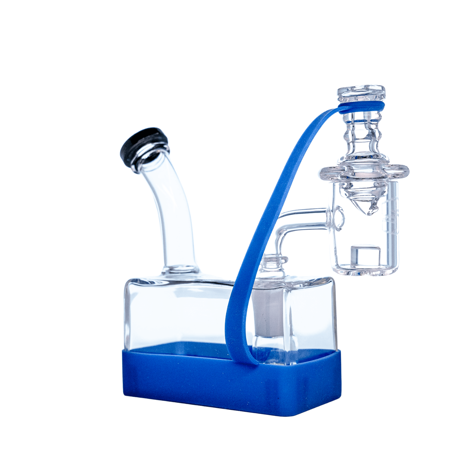 A three-quarter view of the RiO Tethered Silicone Sleeve, showing a clear glass piece encased in a vibrant blue silicone protector.