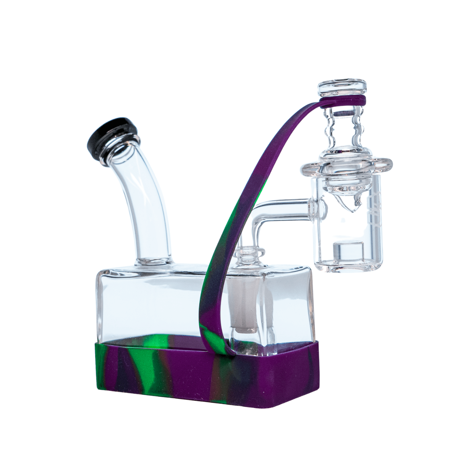 A slightly angled studio shot of the RiO Tethered Silicone Sleeve, showcasing its clear glass body and vibrant purple silicone sleeve.