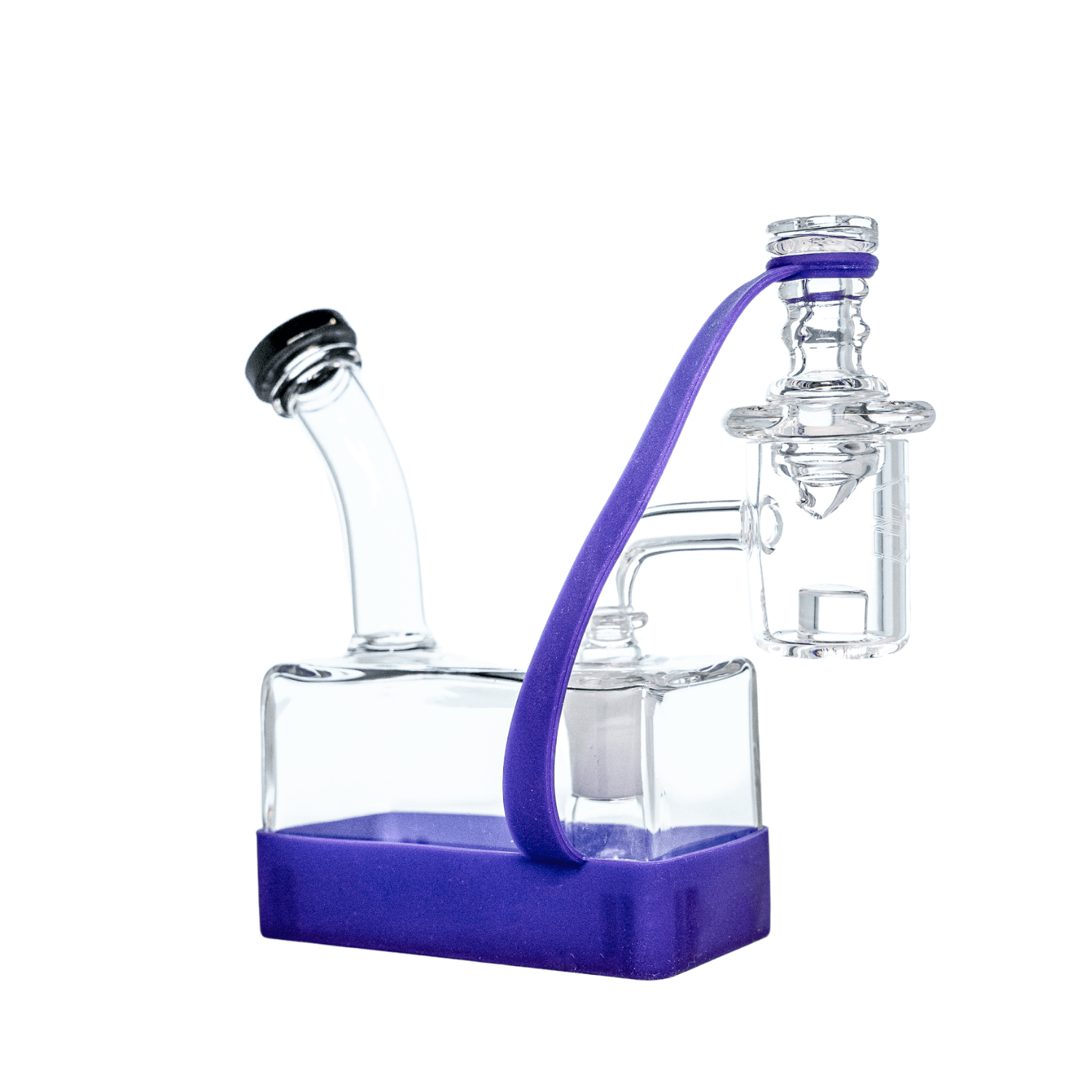 A three-quarter view of the RiO Tethered Silicone Sleeve, showing its clear glass body encased in a vibrant blue protective wrap.