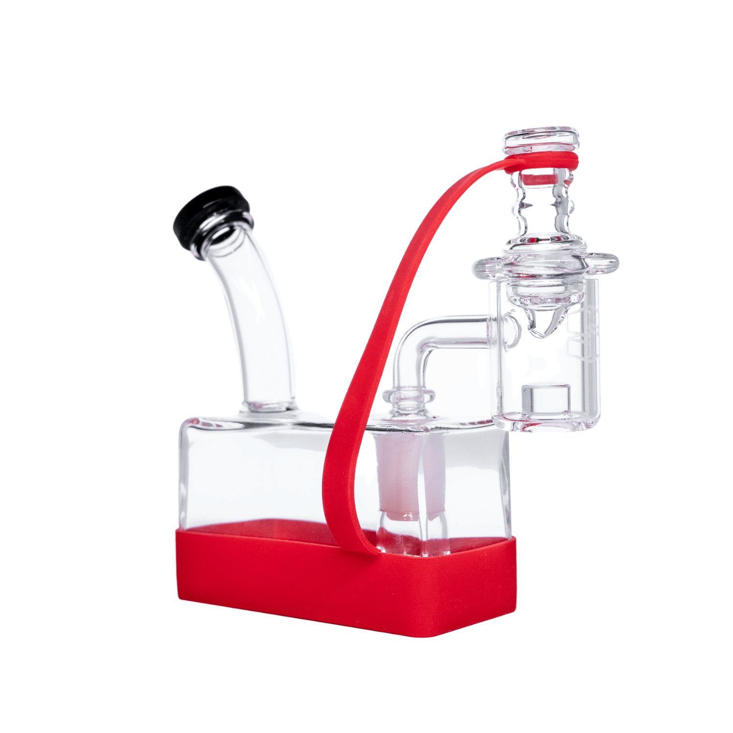 Front view of the RiO Tethered Silicone Sleeve, a clear glass water pipe with a vibrant red silicone sleeve.