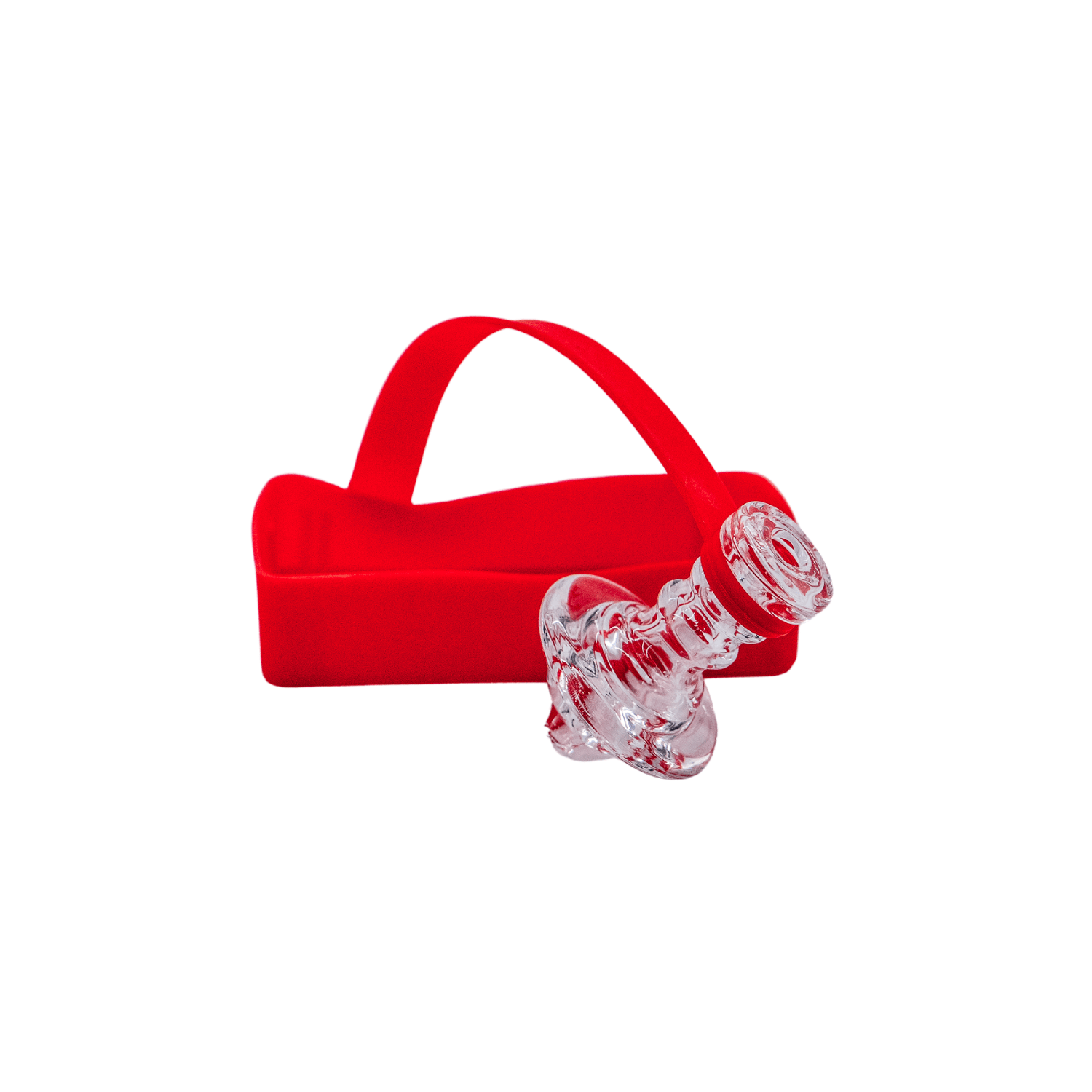 A close-up of the clear RiO Tethered Silicone Sleeve, showing its rounded shape and smooth texture against a plain white background.