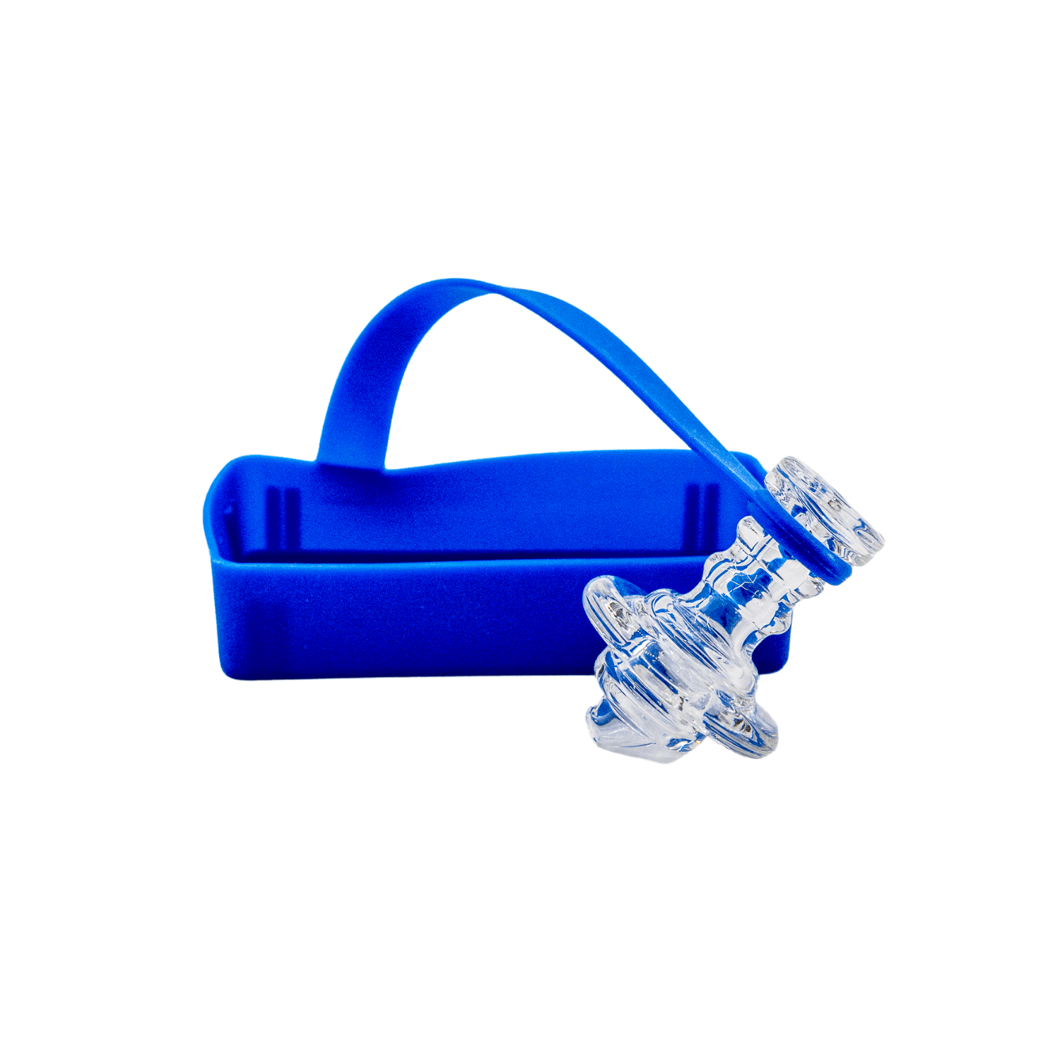 A side view of the RiO Tethered Silicone Sleeve, showcasing its blue, protective wrap around a clear glass piece.
