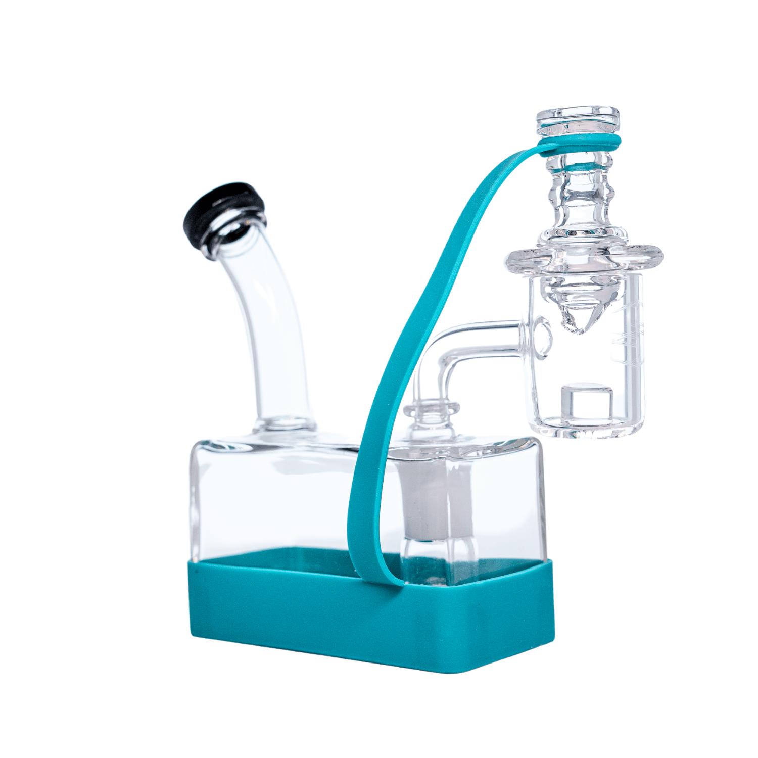 A front view of the RiO Tethered Silicone Sleeve, showcasing the clear glass piece with a blue silicone base.